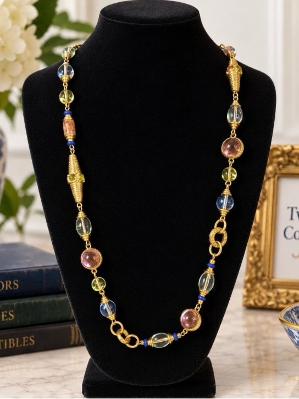 VTG Liz Claiborne Gold Tone Necklace Multi Color Glass Lucite Bead Station 30"
